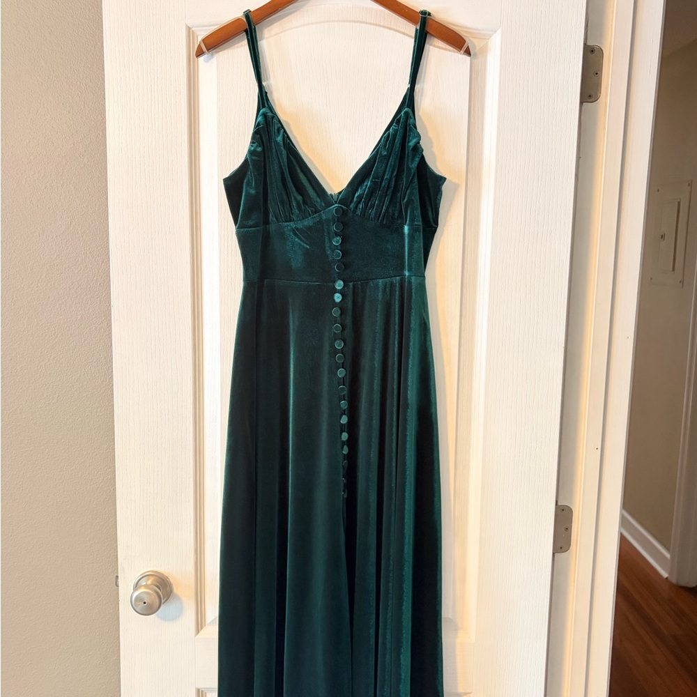 Cider Teal Velvet Midi Slip Dress with Covered Buttons